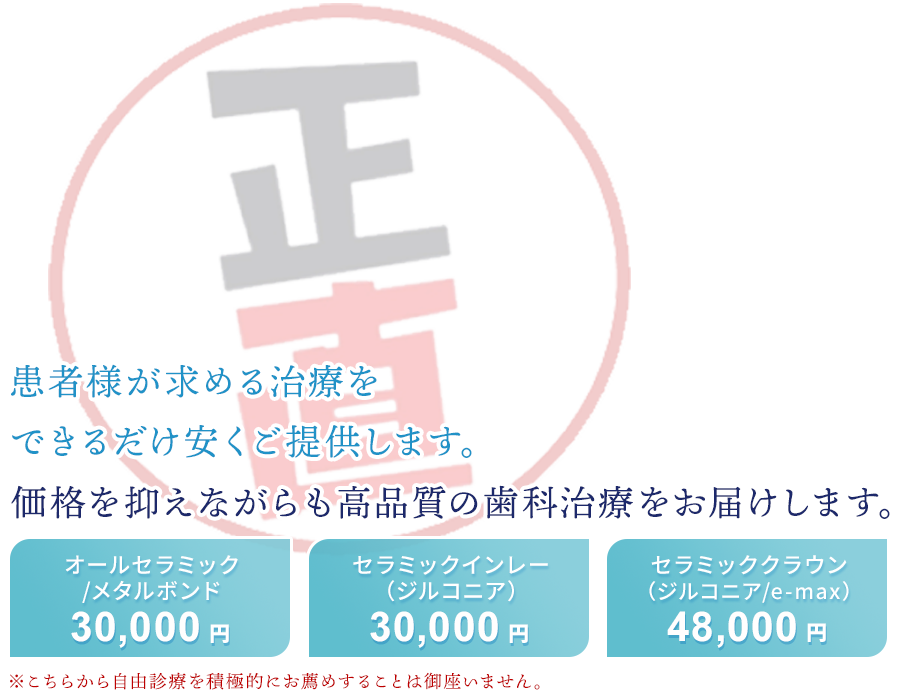 患者さまが求める治療を、できるだけ安くご提供することが使命です価格を抑えながらも高品質の歯科治療をお届けします・オールセラミック/メタルボンド 30,000円・セラミックインレー(ジルコニア)30,000円・セラミッククラウン(ジルコニア/e-max)48,000円